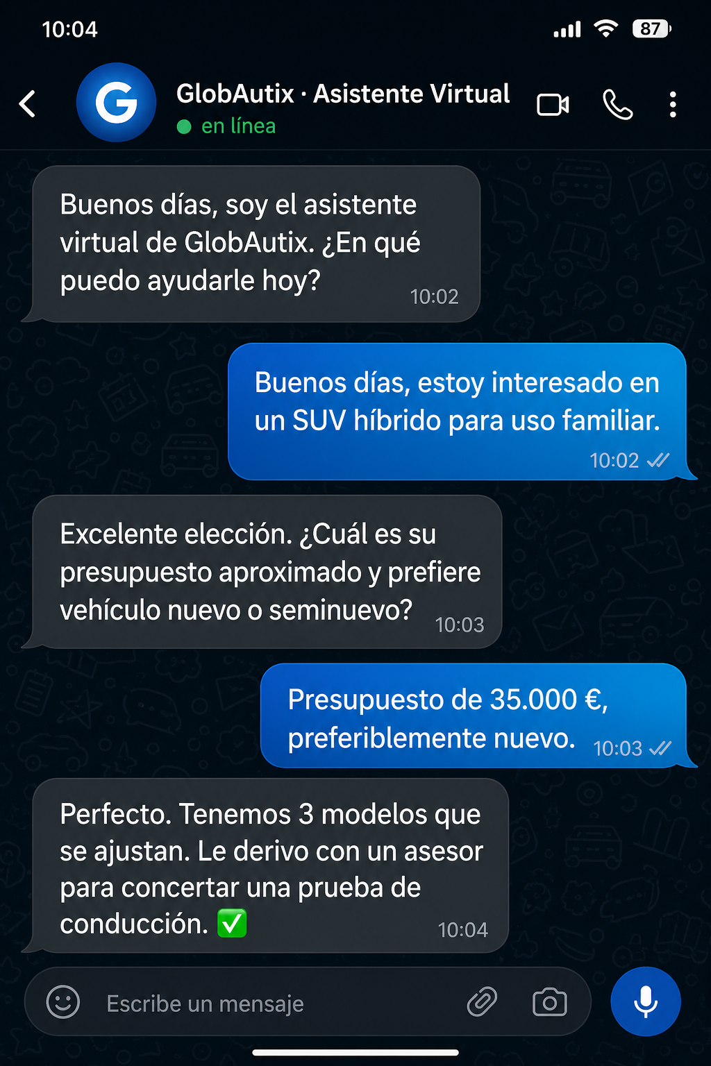 Conversación entre el chatbot de GlobAutix y un cliente